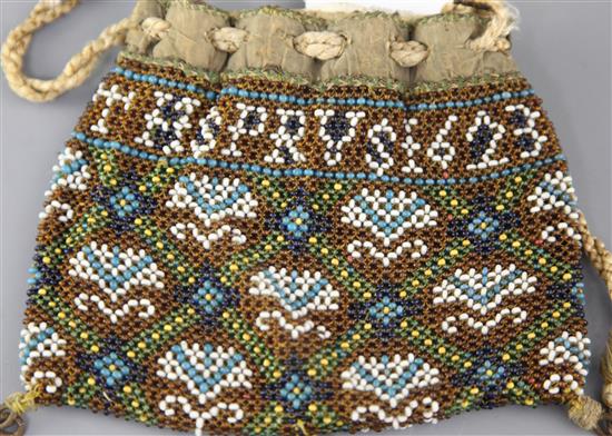 A James I beadwood purse, inscribed AN.GOLDSMETHSPRUS, 1623, 5.5 x 4.5in.